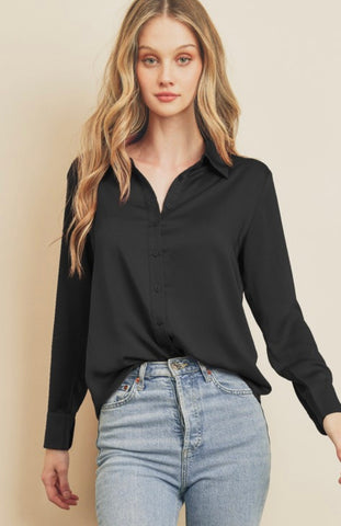 slim satin classic blouse - black