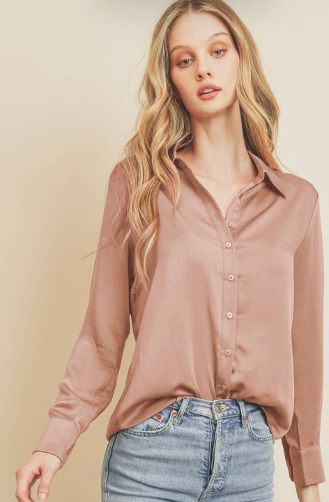 slim satin classic blouse - mauve blush